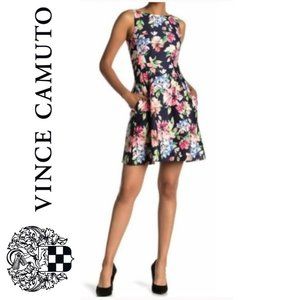 Vince Camuto Navy Floral Fit and Flare Scuba  Dress